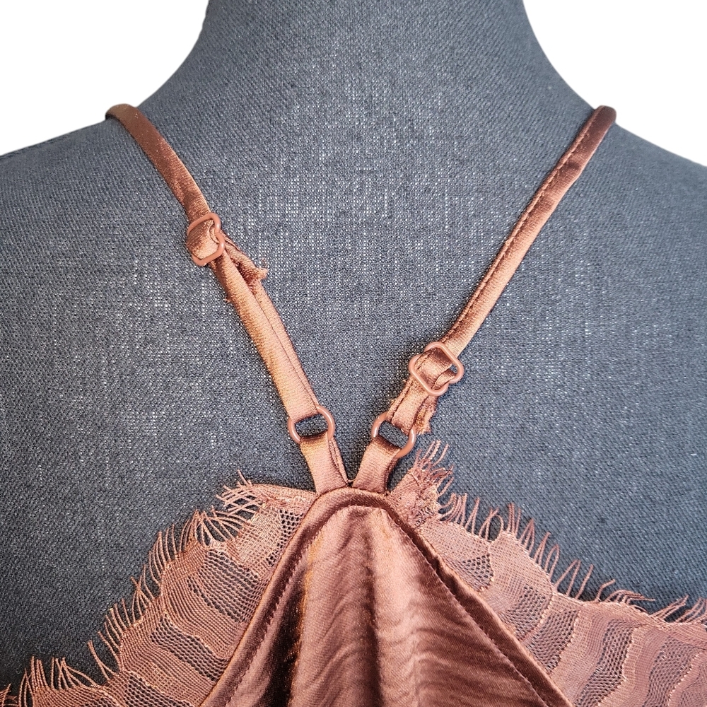 Frye NWT Brown Satin Eli Lace-Trim Racerback Tank Women's Size M FLAWS - Picture 5 of 16